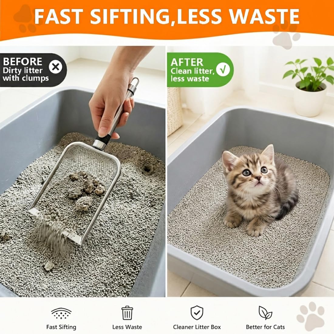 Cat Litter Scoop 2 Pack, Stainless Steel Handle, 3.8mm & 5mm Mesh Sifter