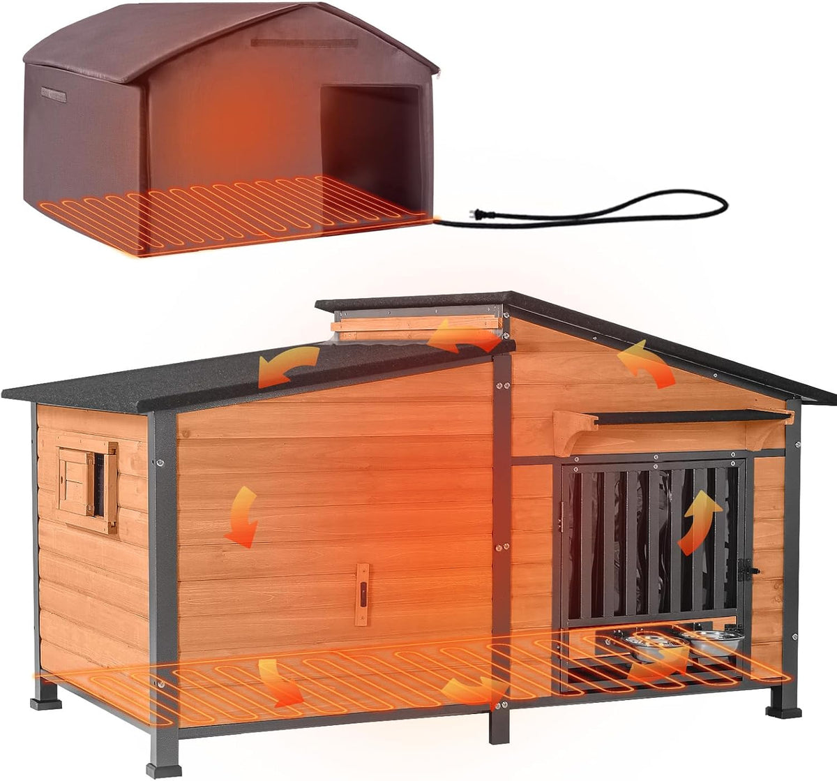 Heated Outdoor Insulated Dog House with Heating Pad and 6-Sided Insulation for Small Dogs and Feral Cats, Keeps Pets Coz
