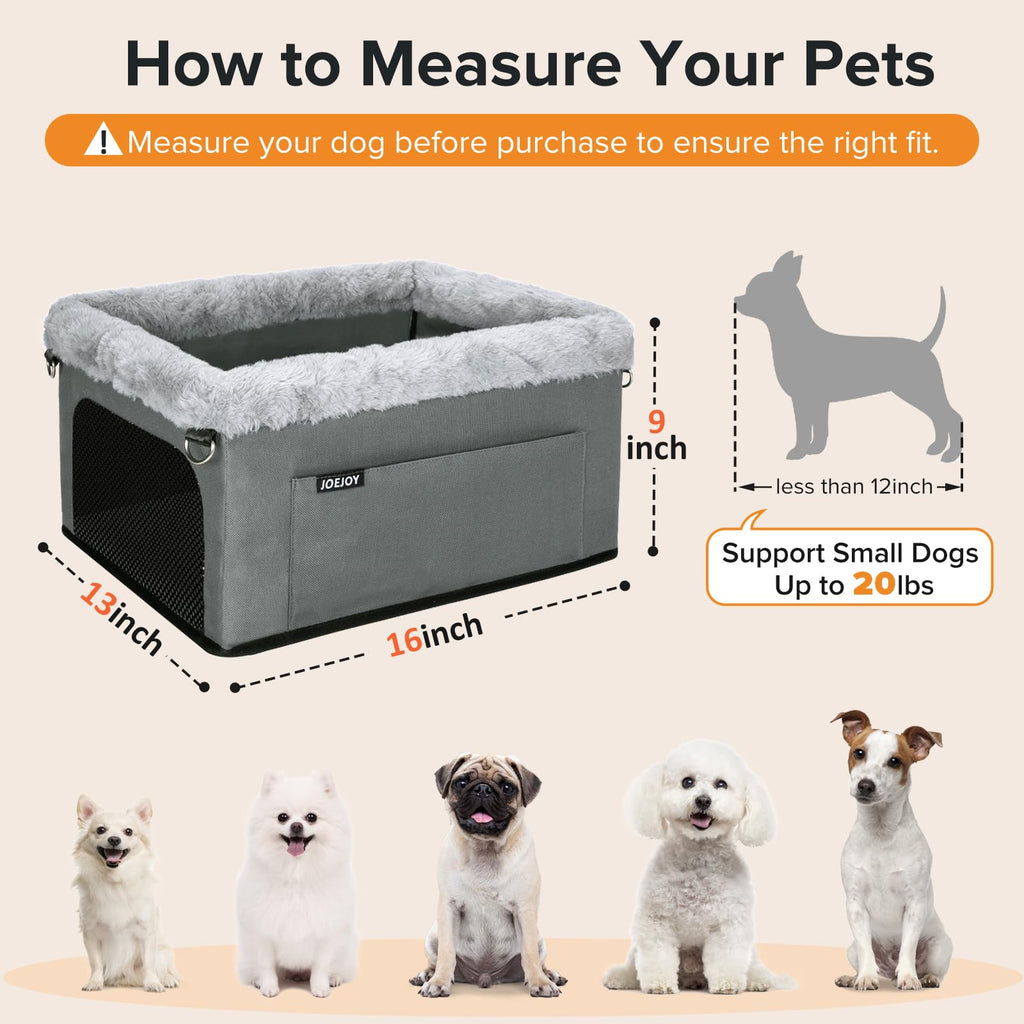 JOEJOY Deluxe Dog Booster Seat with Sturdy Metal Frame and Safety Leash for Small Pets up to 20 lbs - Portable Puppy Dog Car Seat with Thick Cushion and Storage Pockets for Small Dogs, Grey
