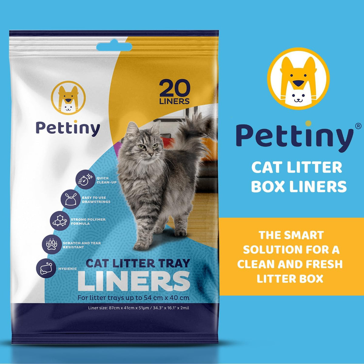 Pettiny 20 Cat Litter Box Liners with Drawstrings - Scratch Resistant Cat Litter Bags for a Medium and Large Litter Pan