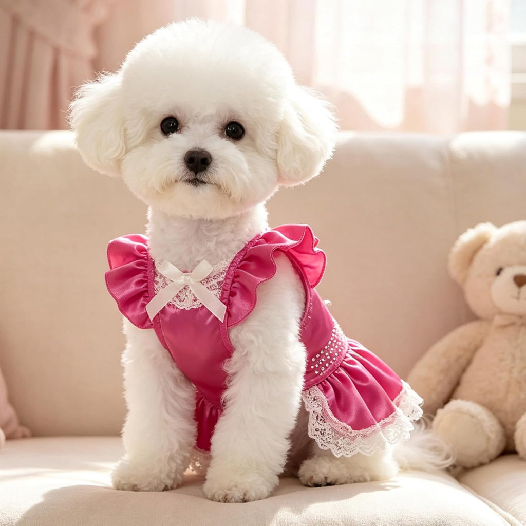 Yartina Fuchsia Pink Dog Dress for Small Female Dogs, Satin Lace Party Outfit Hot Pink Medium