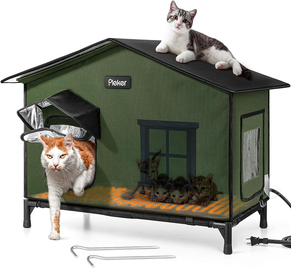 Heated Cat House for Outside: 31.5" XXL 100% Waterproof & Insulated Outdoor Cat House for Winter, Weatherproof Elevated 