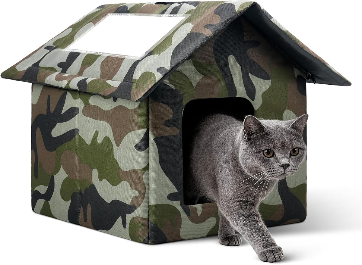 Outdoor Cat House Weatherproof, Large Feral Cat House for Winter, Collapsible Outdoor Cats Shelter with Door and Soft Ma