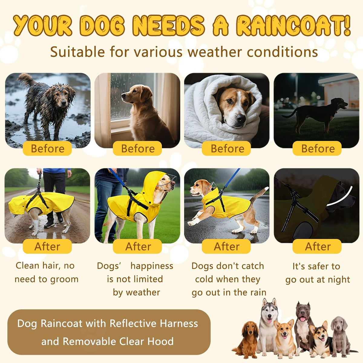 Dog Raincoat: Dog Rain Jacket with Reflective Harness & Removable Hood | Waterproof Dogs Rain Coat Poncho for Large Medi