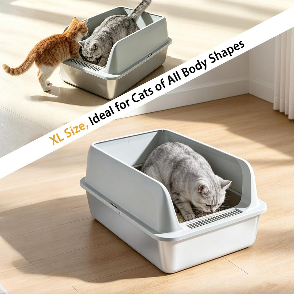 Stainless Steel Cat Litter Box - High Side Pan with Anti-Tracking Step,Rolled Edge & Leak-Proof Base,Cover,Scoop,Anti-Sl