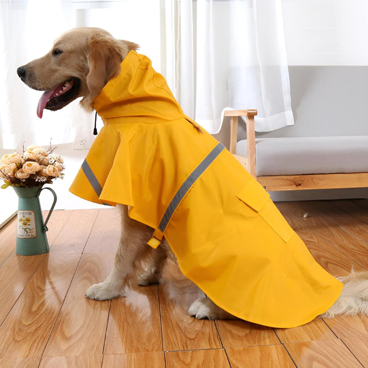 Large Dog Raincoat Adjustable Pet Water Proof Clothes Lightweight Rain Jacket Poncho Hoodies with Strip Reflective (XL, 