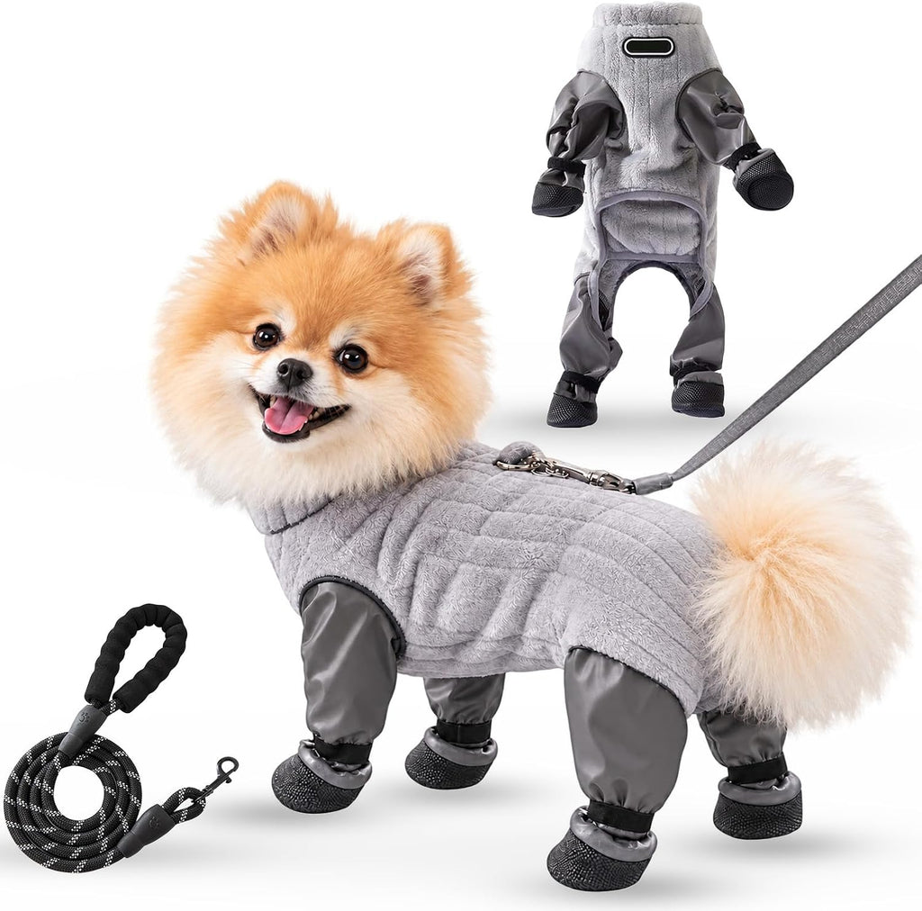 Dog Winter Suit with Boots, Full Coverage Dog Snowsuit，Silver：Large