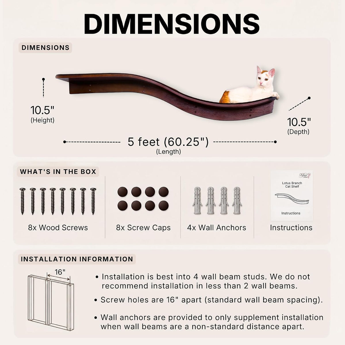 THE REFINED FELINE 60 Inch Lotus Branch Cat Shelf in Black Ebony with Replaceable Carpet, Playing, Climbing, & Lounging 