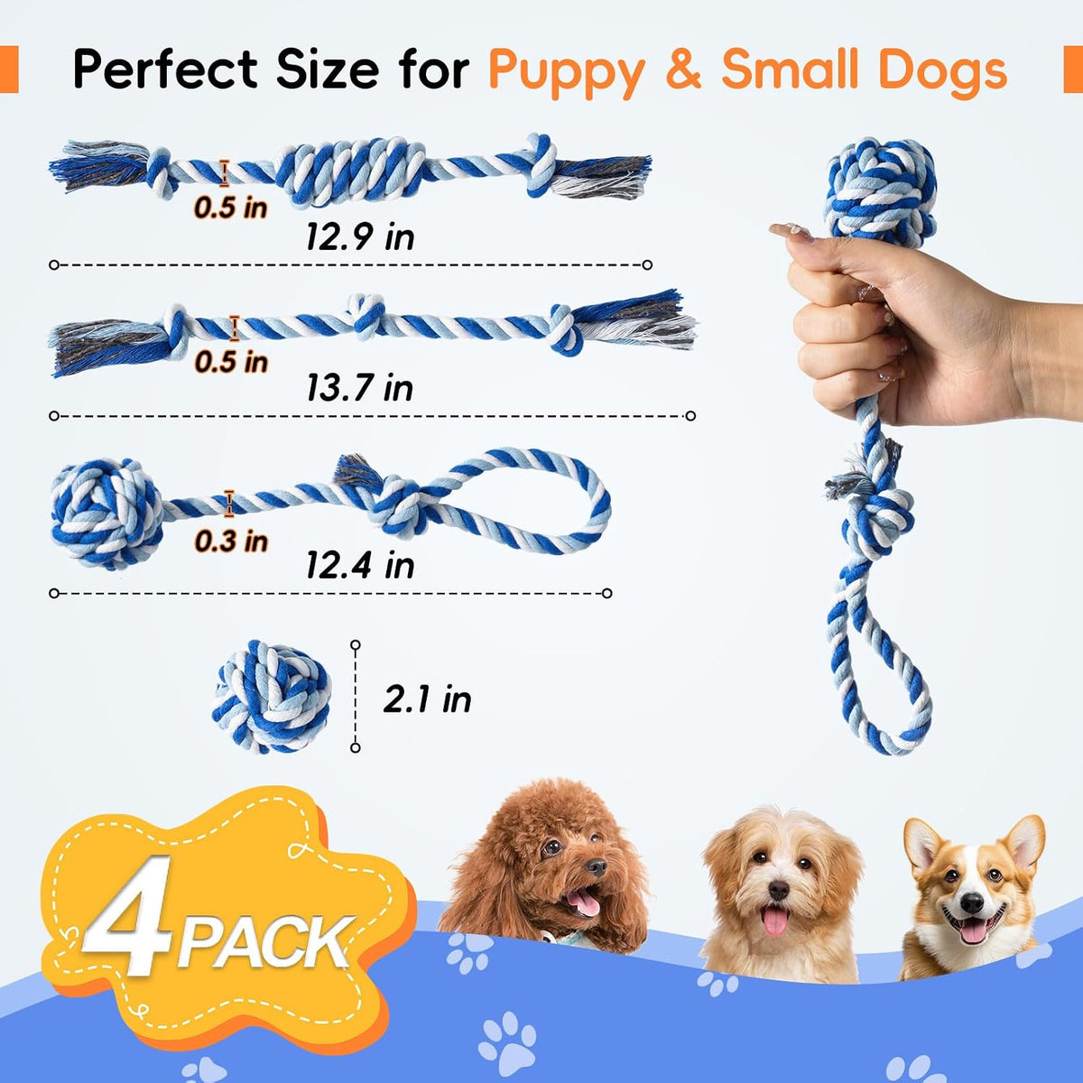 wodoca Dog Rope Toys 4 Pack, Puppy Teething Cotton Knot Chew Rope for Small Medium Dogs, Interactive Tug of War Dog Toys