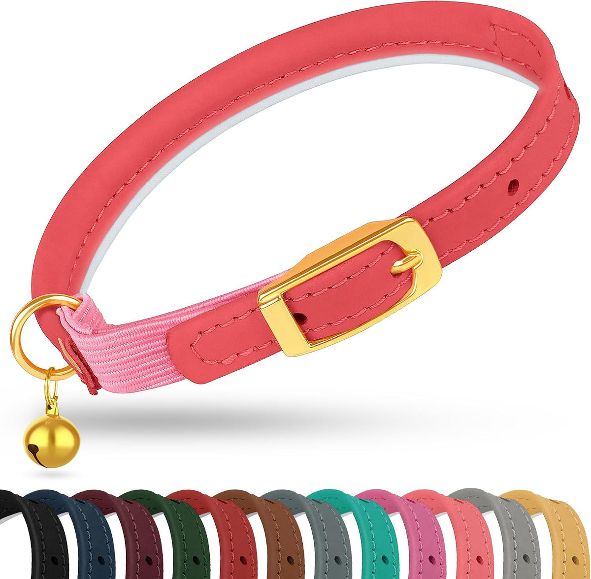 OOPSDOGGY Rolled Leather Cat Collar with Bell - Reflective Kitten Collar with Safety Elastic Strap - Adjustable Small Pe