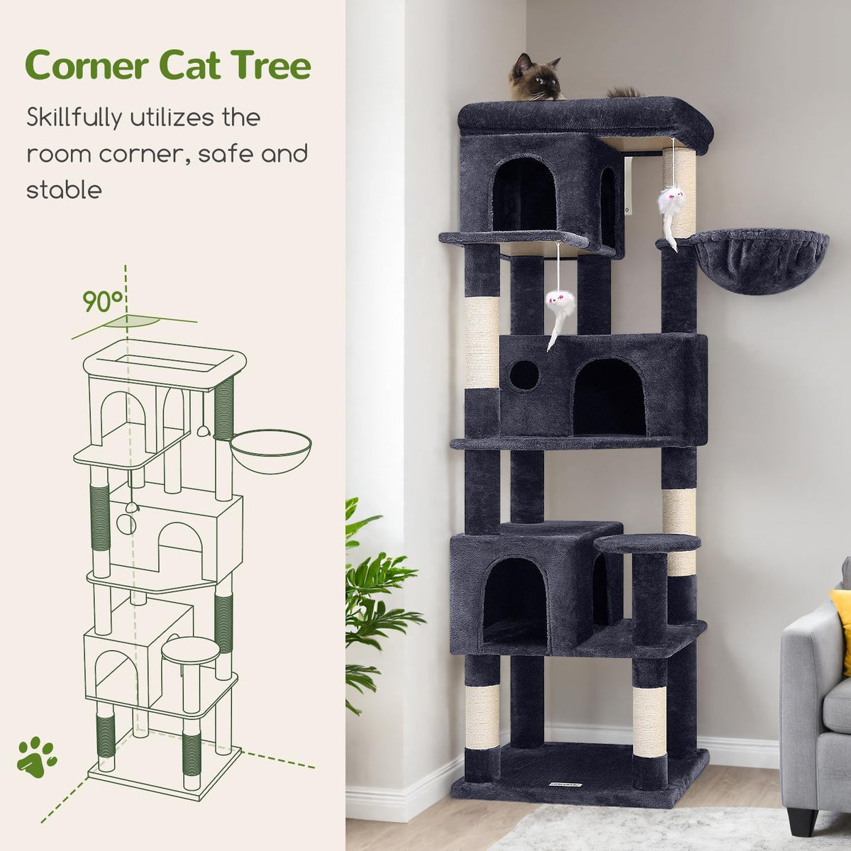 Globlazer F66 Corner Cat Tree, 66in Multi-Level Climbing Tower, Dark Grey
