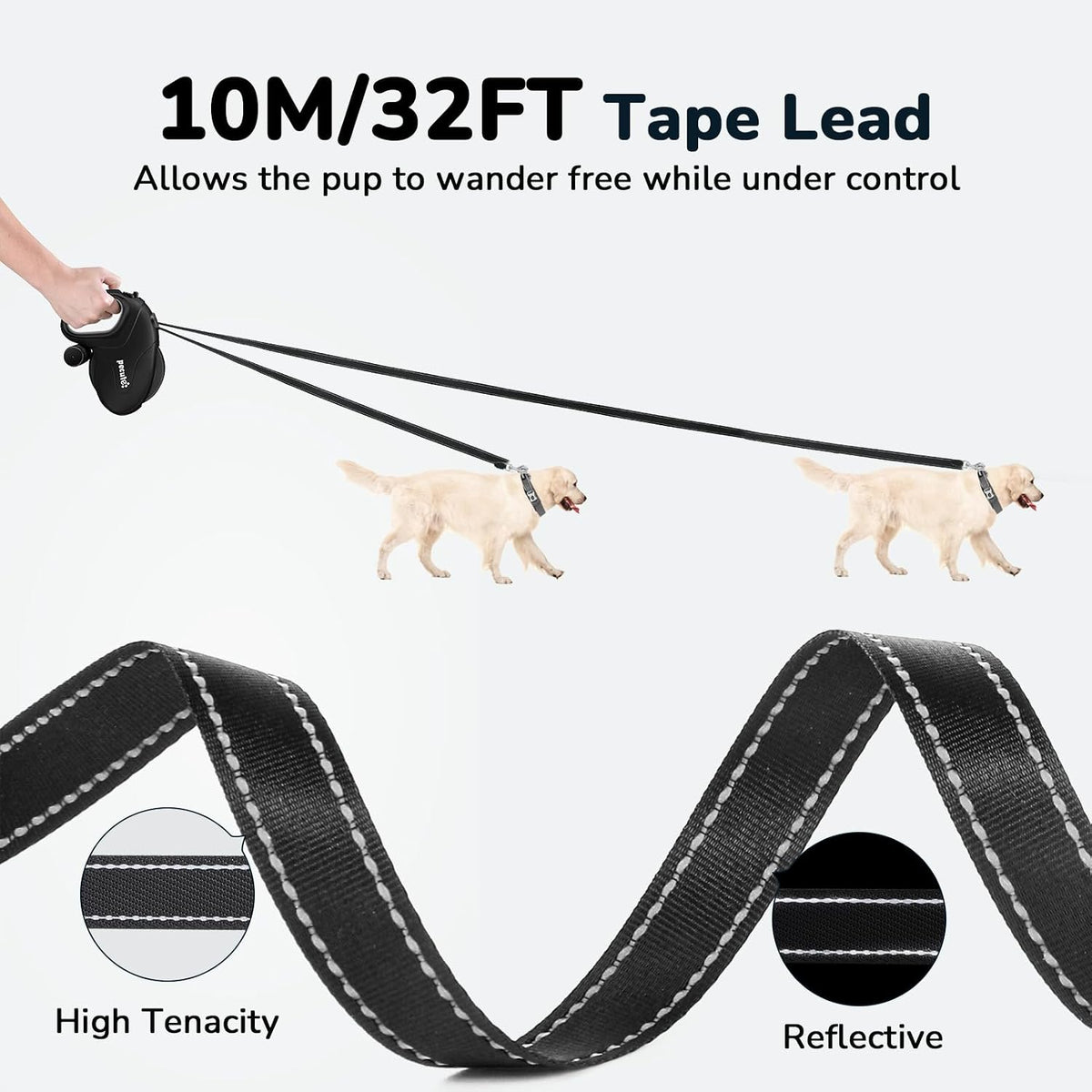 Pecute 32ft Retractable Dog Leash with Reflective Strips, 360° Tangle-Free, One-Button Control & Sturdiness Nylon Materi