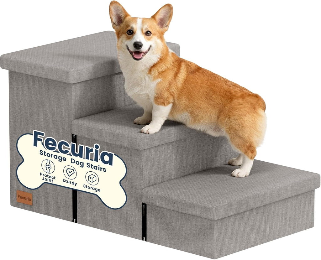 3-Step Dog Stairs for Large Dogs with Storage 18" H, Light Grey