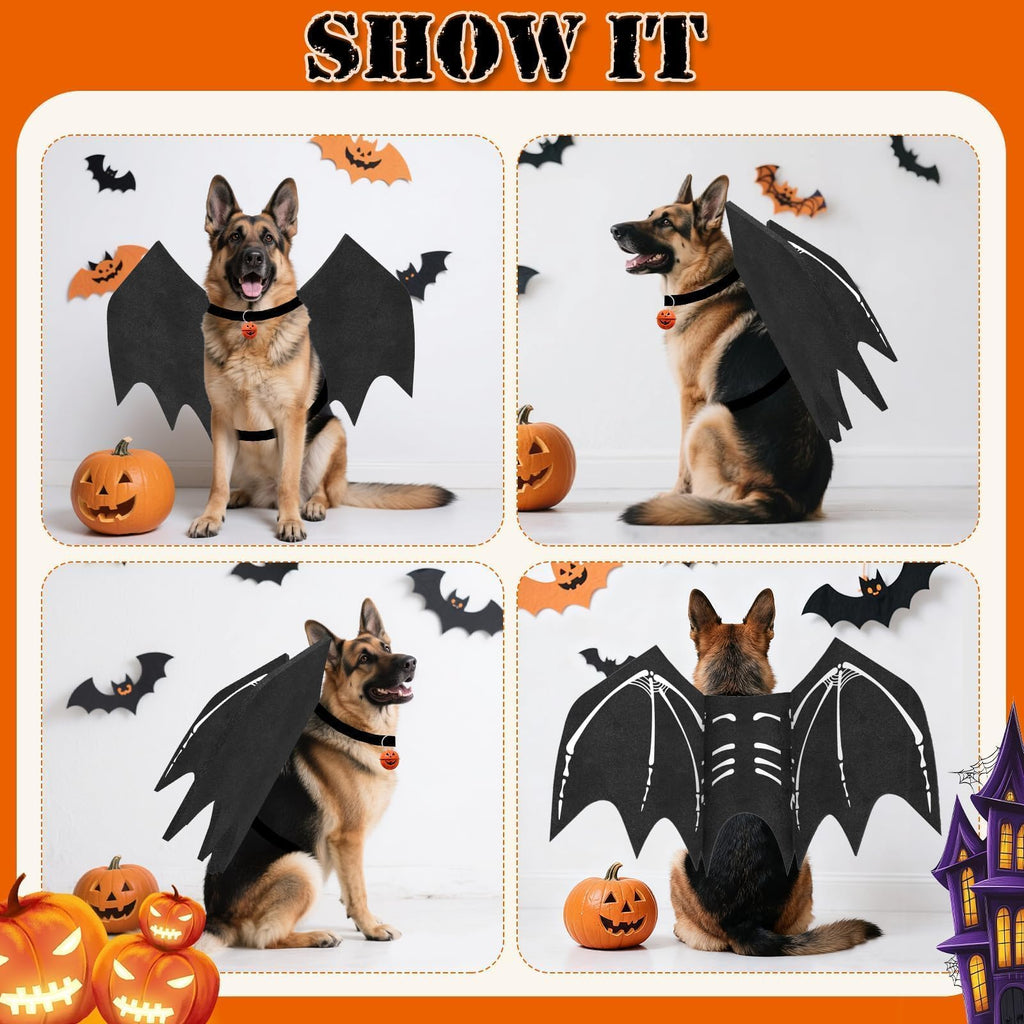 Olanrun Large Dog Halloween Costumes, Adjustable Dog Bat Wings Costumes for Large Dogs with Pumpkin Bell Skeleton Print On The Back, Pet Costume Halloween Cosplay Party Dress Up, XL Black