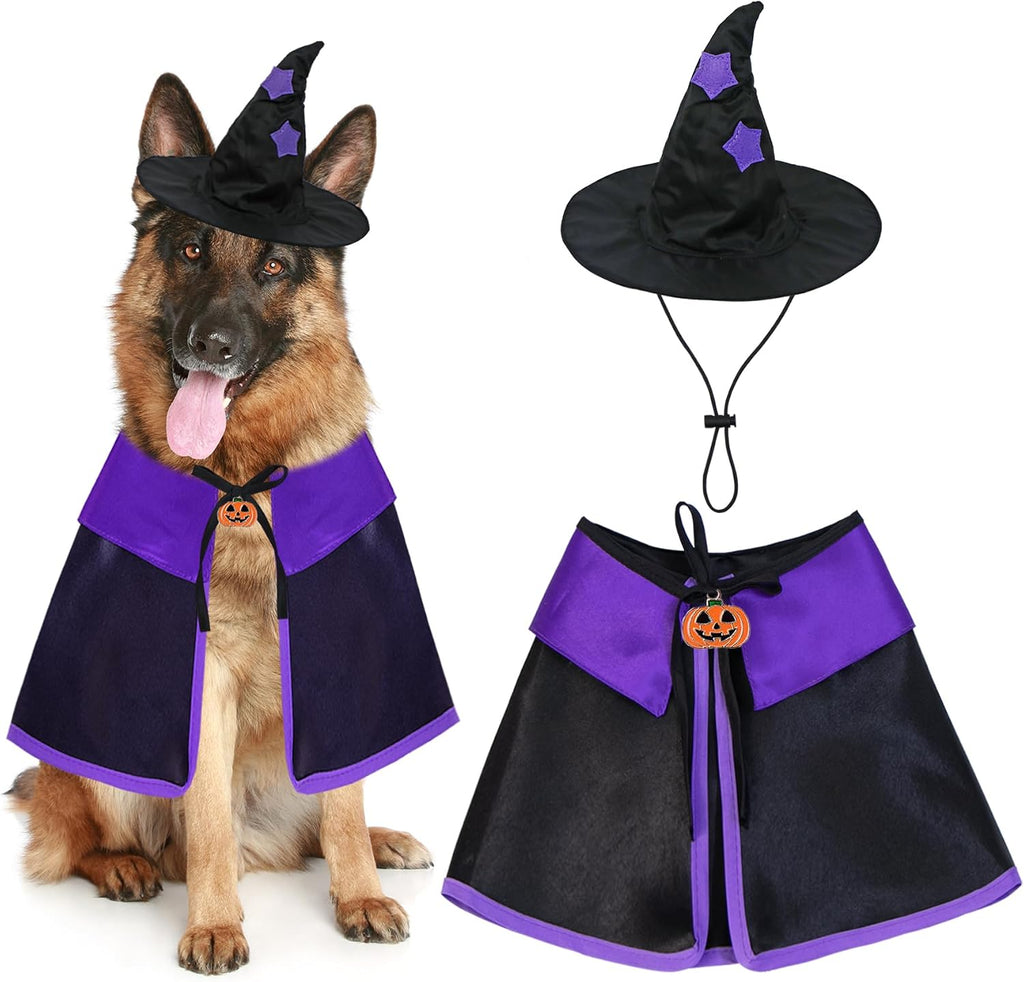 GOYOSWA Dog Halloween Costumes, Dog Witch Costume Halloween Dog Witch Cloak Cape Wizard Hat Halloween Costumes for Small