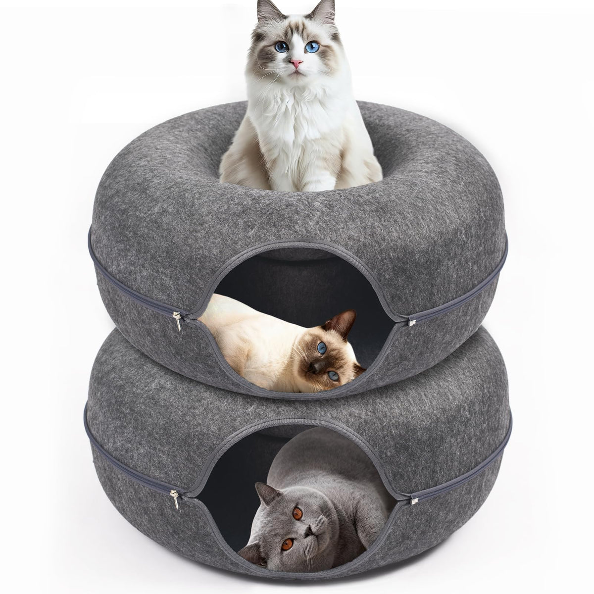 Large Peekaboo Cat Cave Donut Tunnel 24" for Indoor Cats, Dark Grey