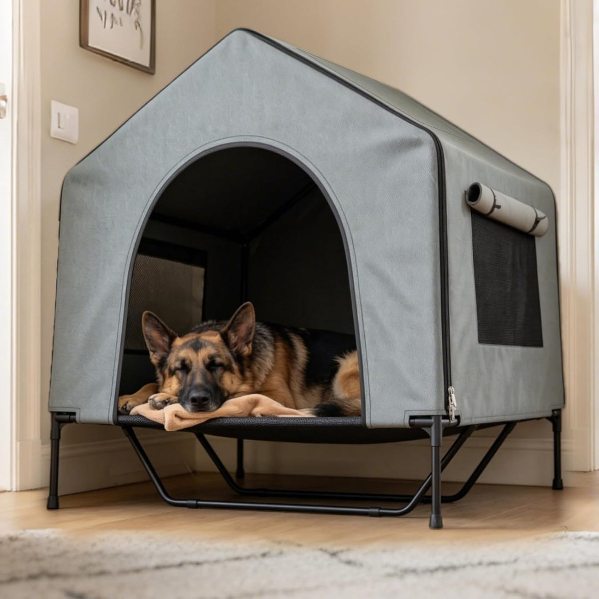 XPIY 3-in-1 Extra Large Dog House Outdoor, 43" Elevated Dog Bed with Canopy