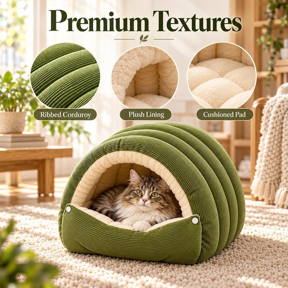 Upgrade Dog Cave Bed for Small Dogs and Cats, Covered Pet Bed with Plush Interior and Ribbed Exterior, Cozy Indoor Hidea