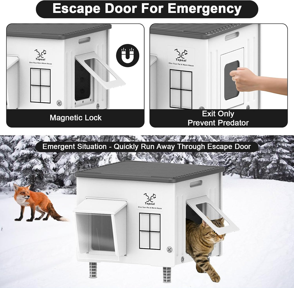 Heated Cat House for Outside, High Insulated Heated Outdoor Cat Shelter 100% Weatherproof with Escape Door, Elevated Out