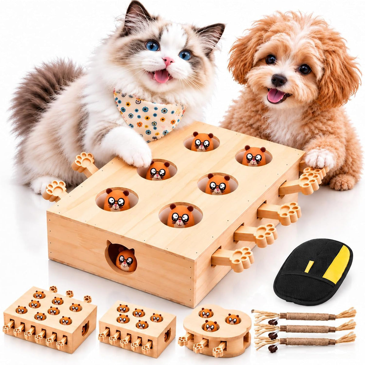 2027 Upgrade Wooden Whack a Mole Pet Game, Interactive Wooden Pop up Cat Toys, Solid Wood Hide and Seek Toy Small Dog Ba