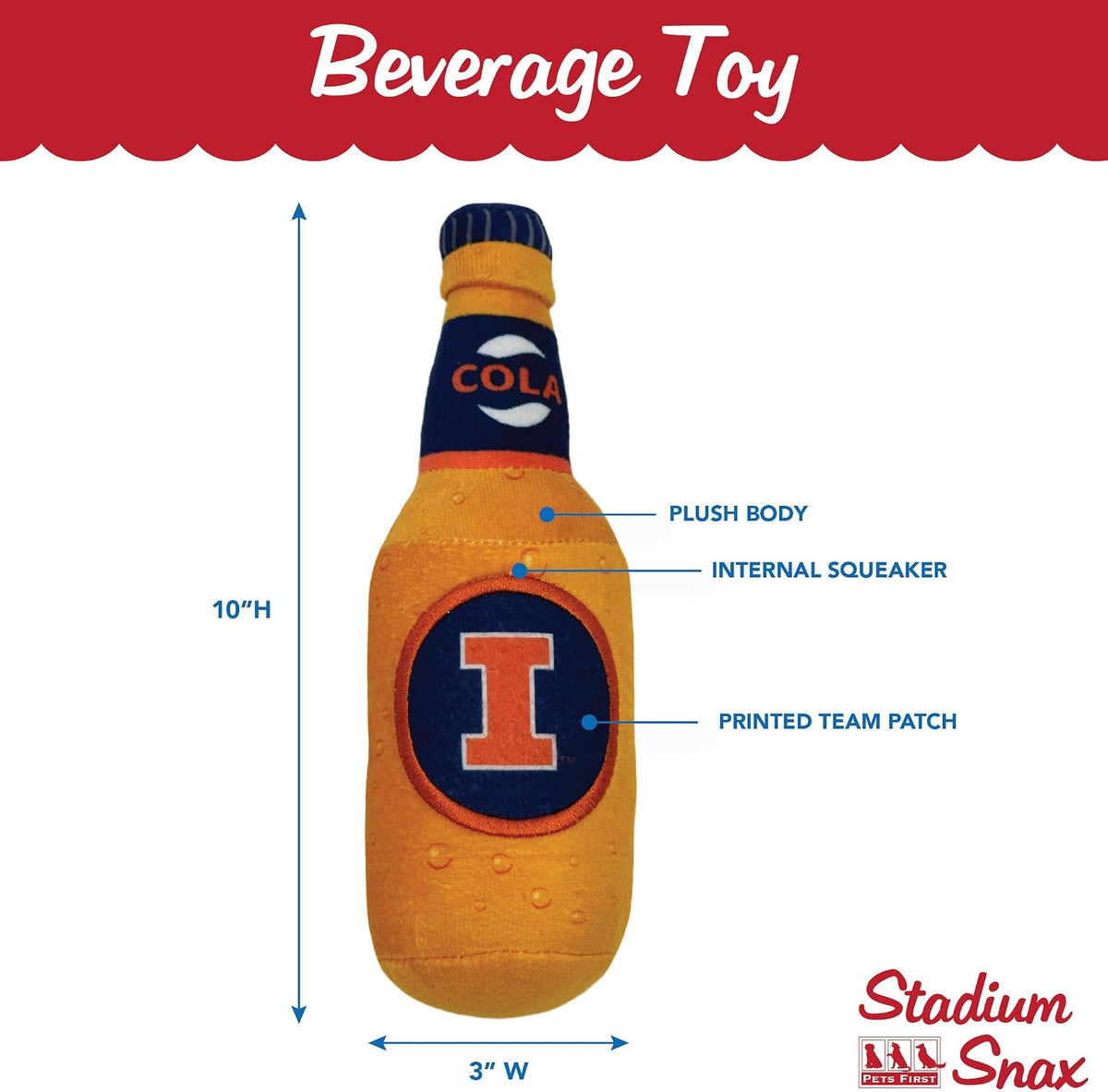 NCAA Illinois Fighting Illini Beer Bottle Plush Dog & CAT Squeak Toy - Cutest Stadium SODA Bottle Snack Plush Toy for Do