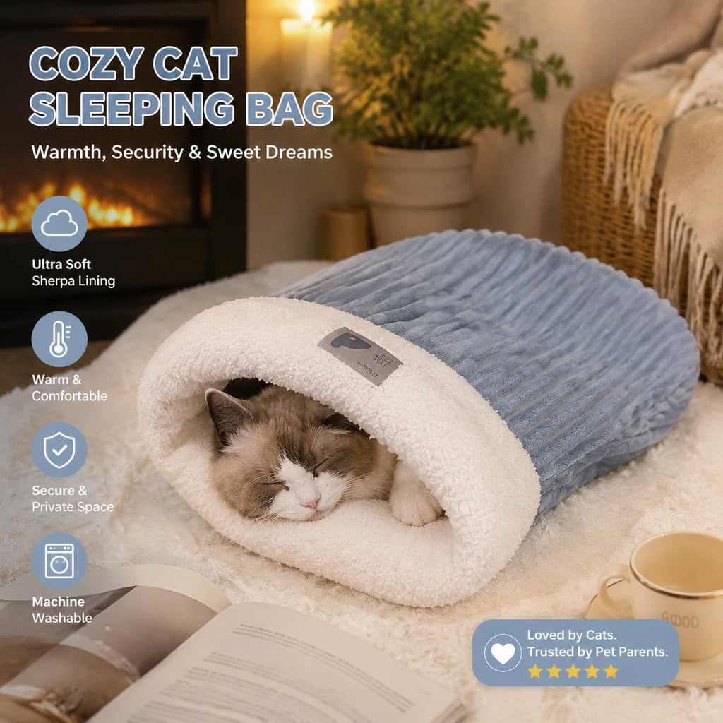 2Pcs Cozy Cat Cave Bed Warm Plush Enclosed Cat Sleeping Bag for Indoor Cats