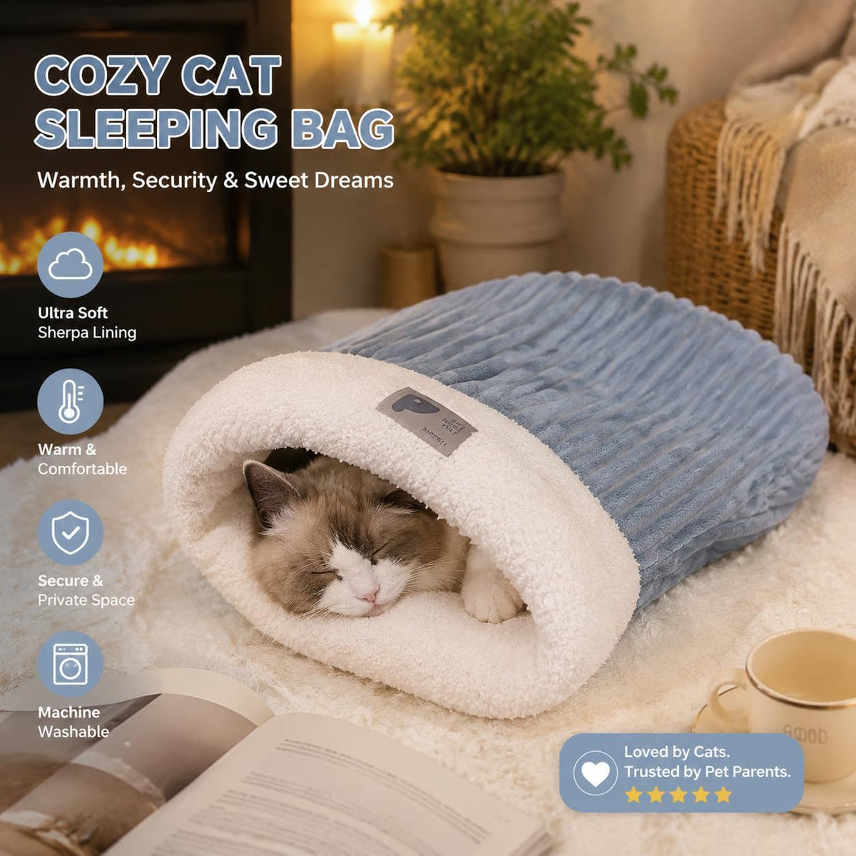 2Pcs Cozy Cat Cave Bed Warm Plush Enclosed Cat Sleeping Bag for Indoor Cats