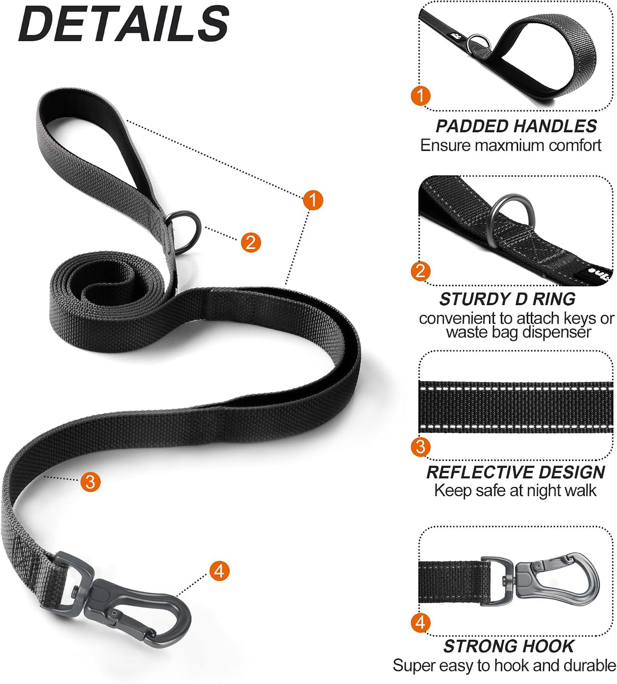 6FT 1IN Heavy Duty Dog Leash for Large Dogs with 2 Padded Handles