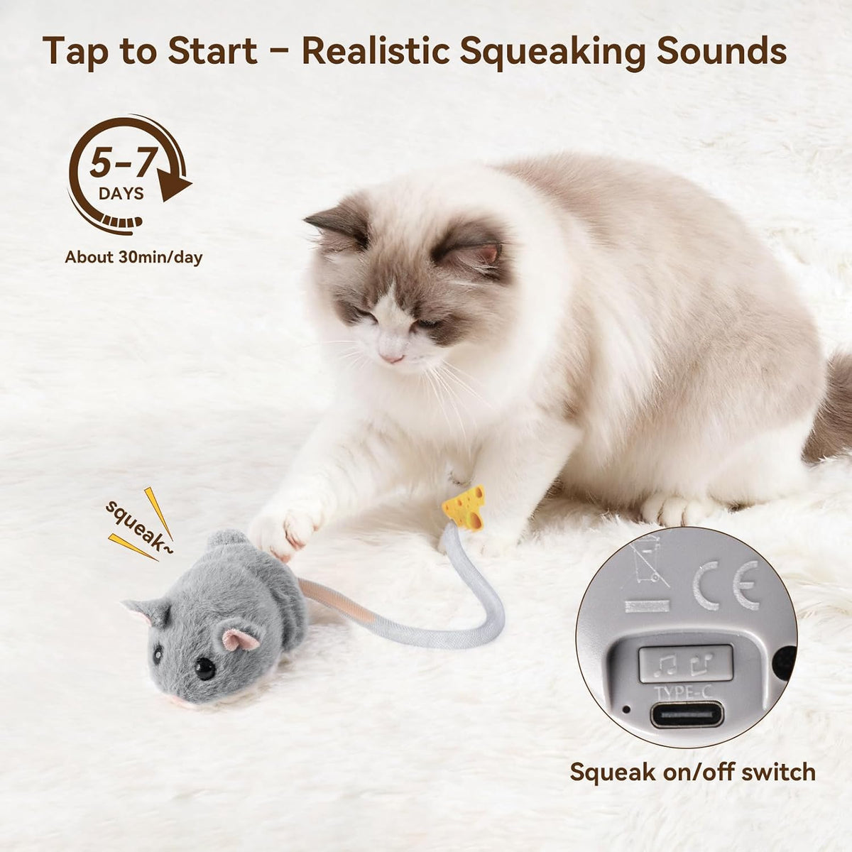 Migipaws Interactive MigiMouse Cat Toy 360° Rolling & Spin with Mesh Plastic Tail for Indoor Cats Smart Motion Sensor, R