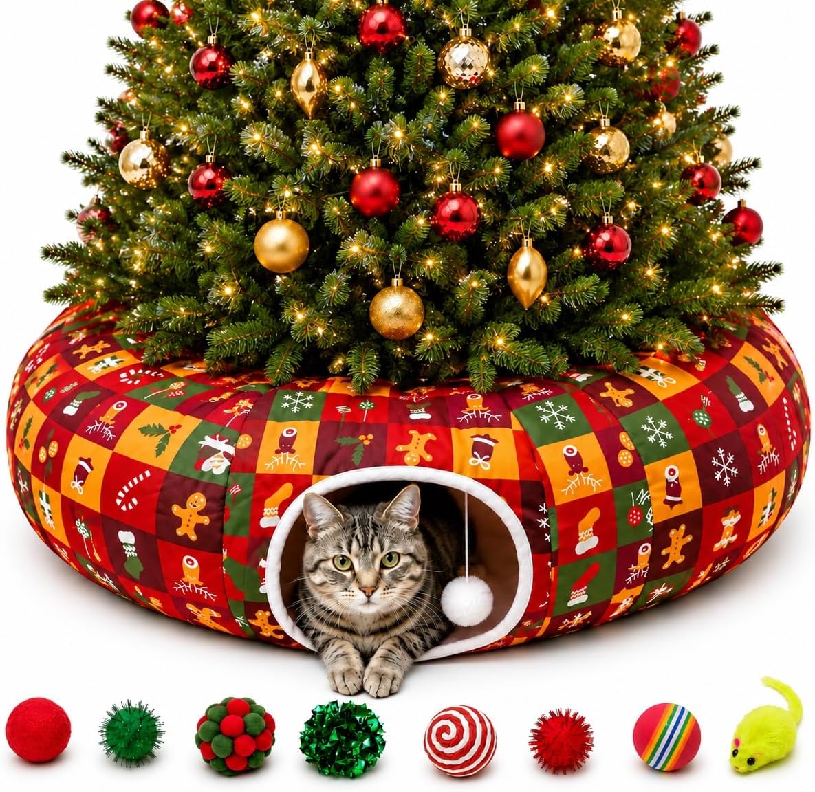 Cat Tunnel Under Tree in Christmas Style with Star, Crutches Candy, and Snowflakes Patterns - 3FT x 3FT x 9.8 INCH Size 