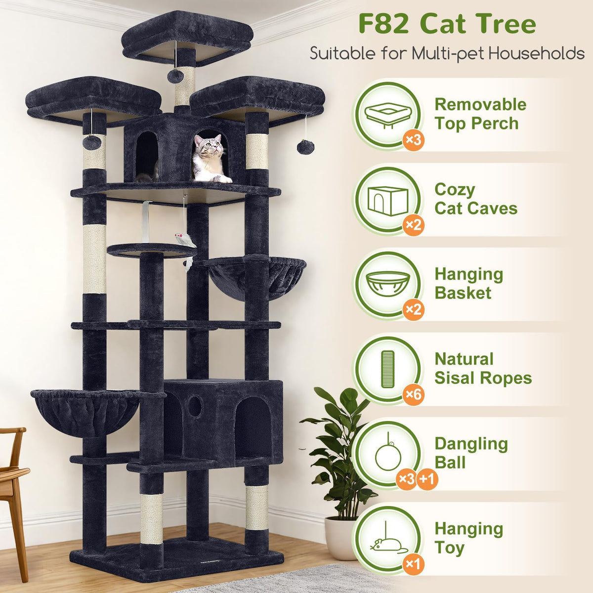Globlazer Cat Tree Tower for Multiple Adult Cats, 82in, F82, Dark Grey