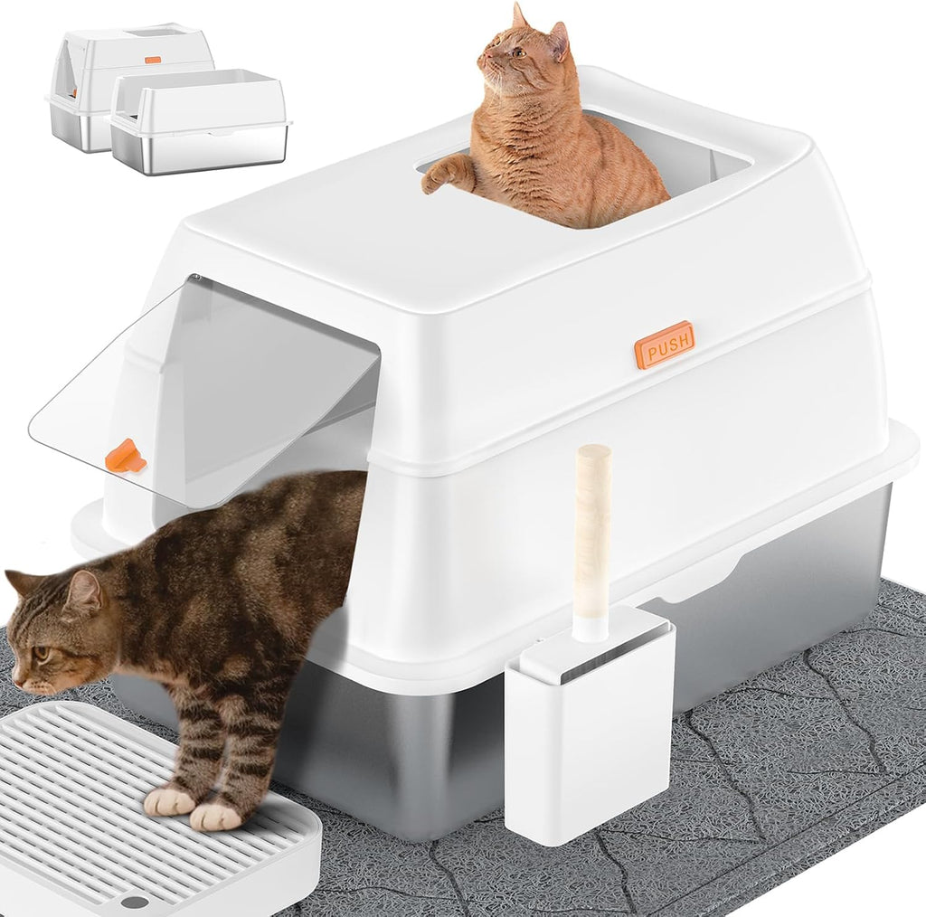 Lobeve Extra Large Stainless Steel Litter Box with Lid, Easy-Clean Pan