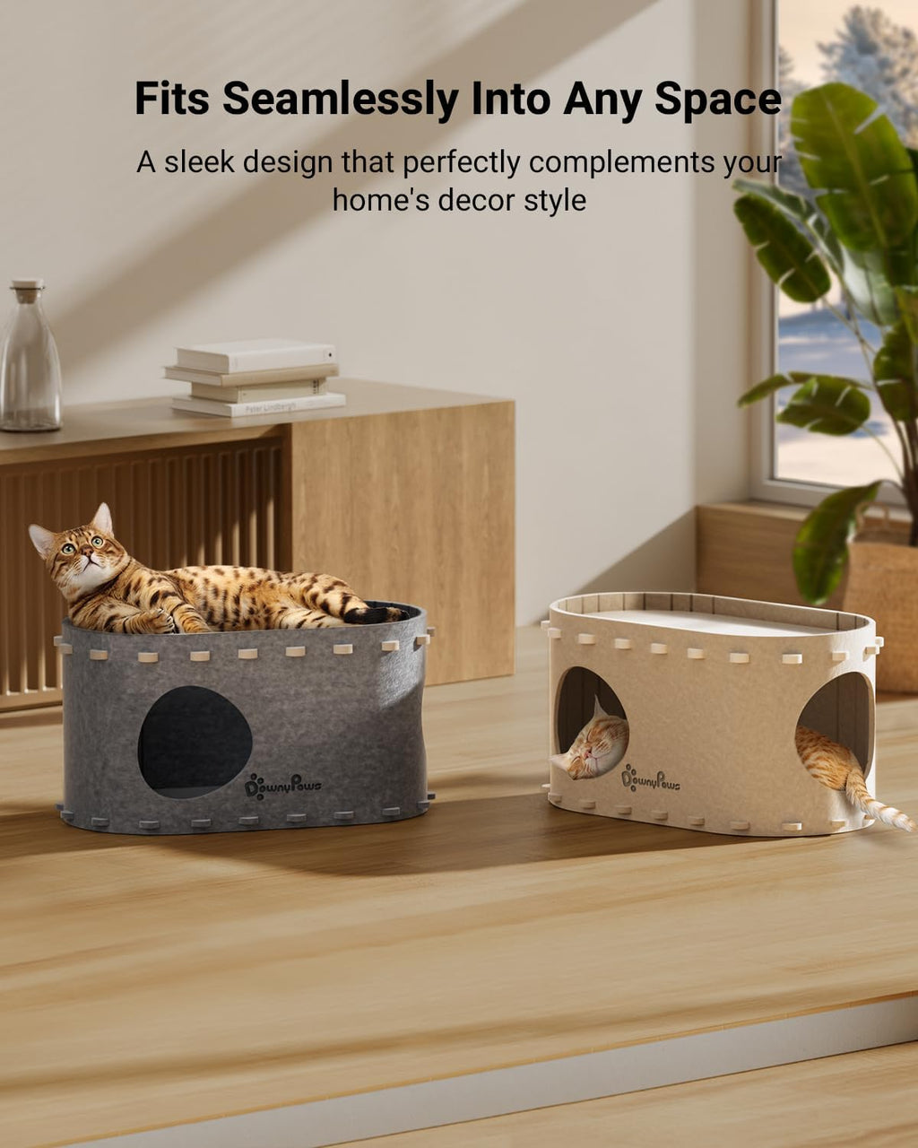 DownyPaws Cat House for Indoor Cats, Peekaboo Cat Bed Cave, Cream