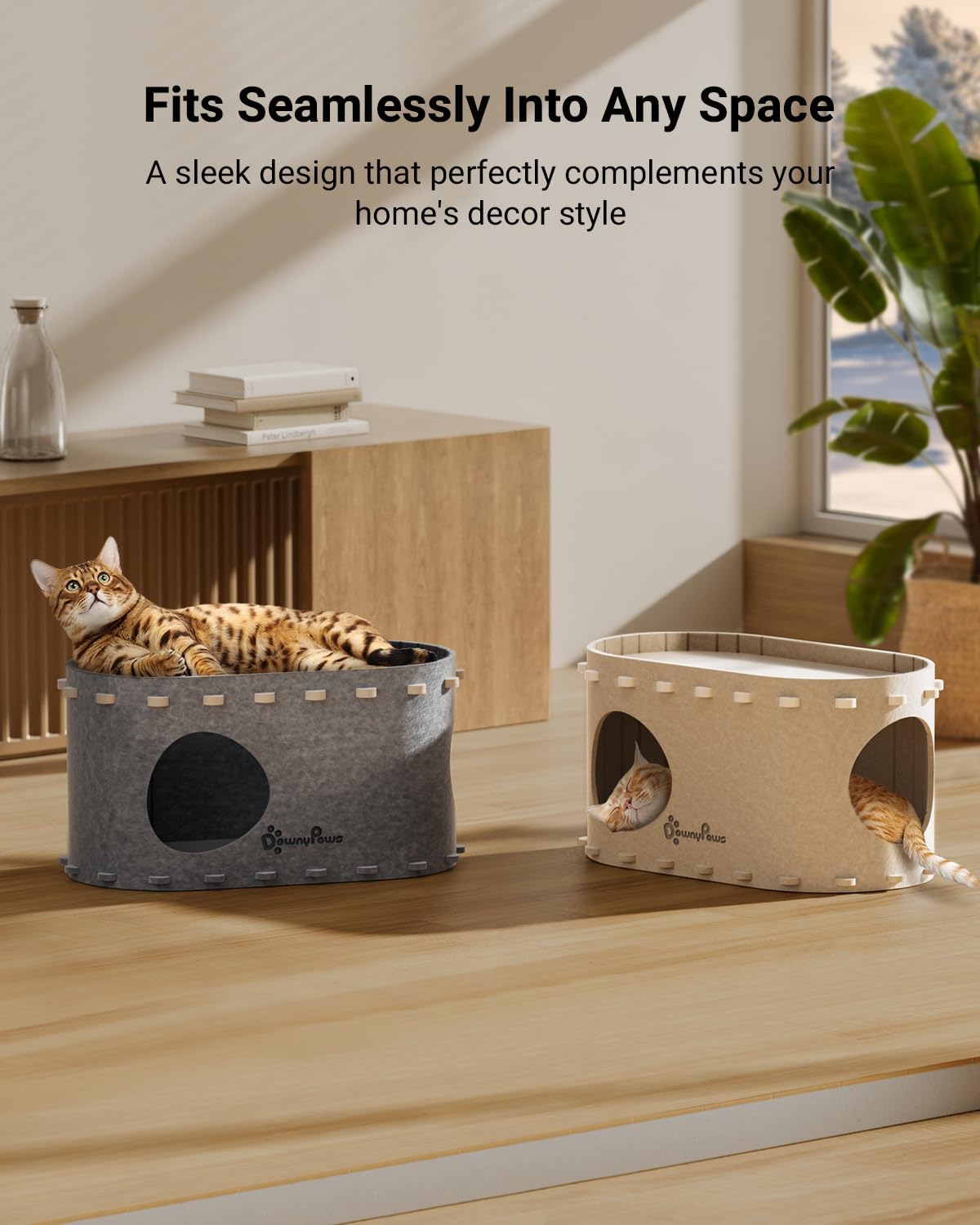 DownyPaws Cat House for Indoor Cats, Peekaboo Cat Bed Cave, Cream
