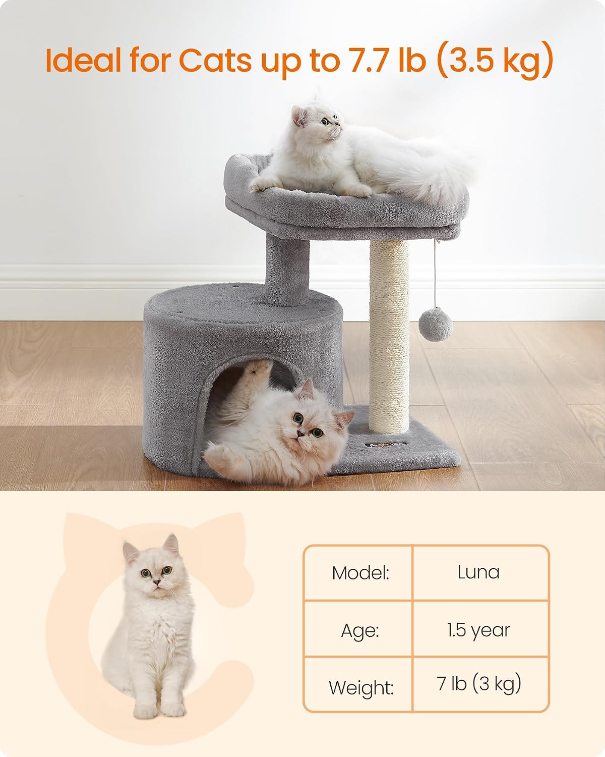 Feandrea Cat Tree, 18.5-in Small Cat Tower, Cute Kittens Condo, Light Gray