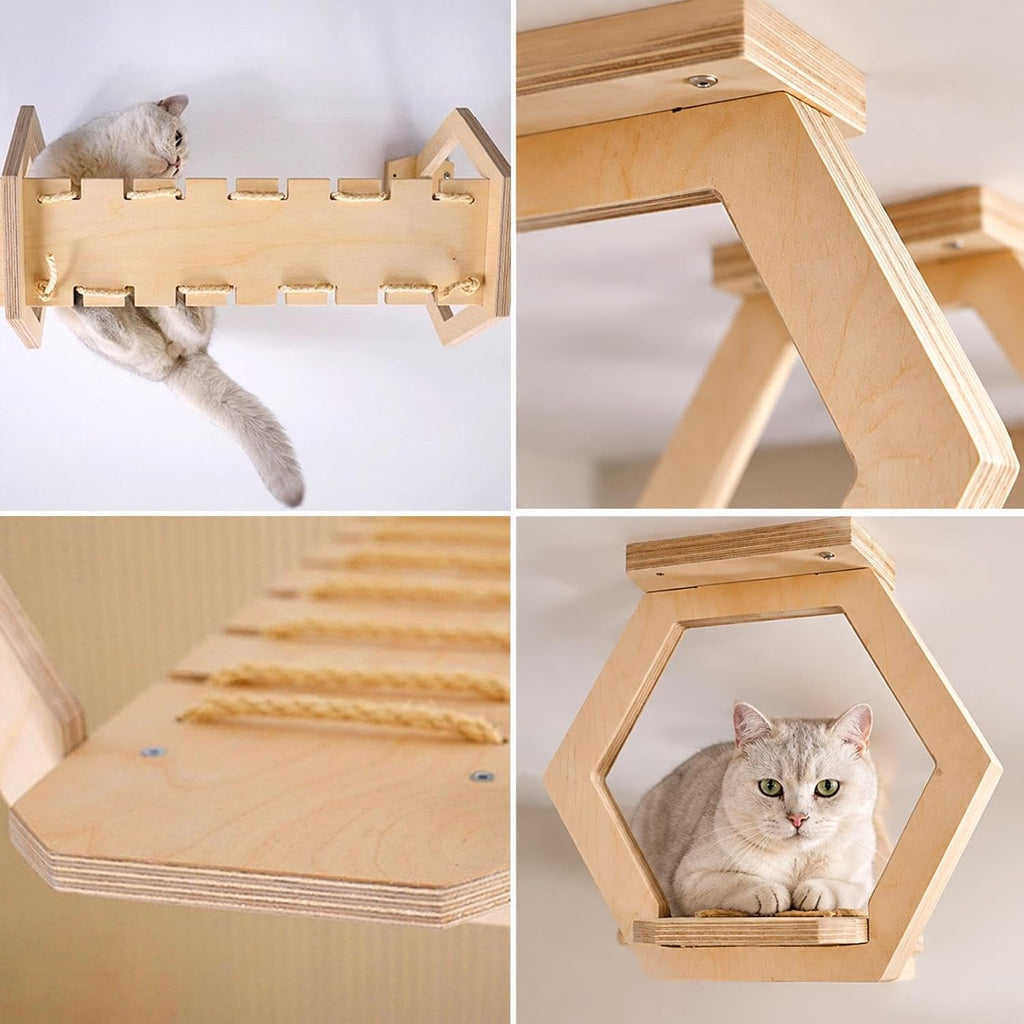 Wooden Ceiling Mounted Cat Bridge, DIY Cat Wall Shelves with Rope Walkway