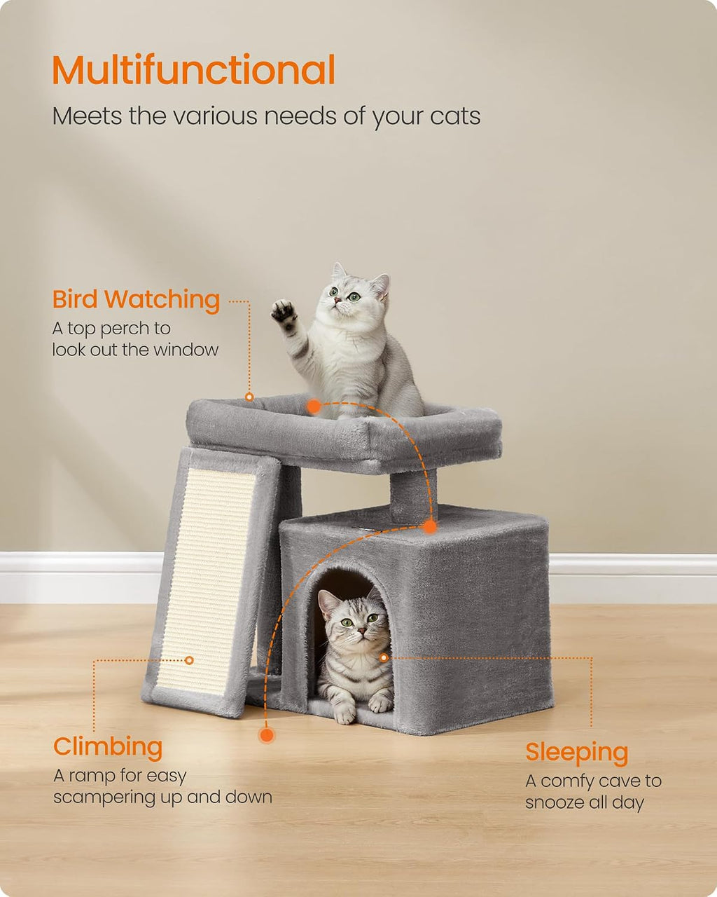 Feandrea Cat Tree, 18.3-in Small Cat Tower, Cute Kittens Condo, Dove Gray