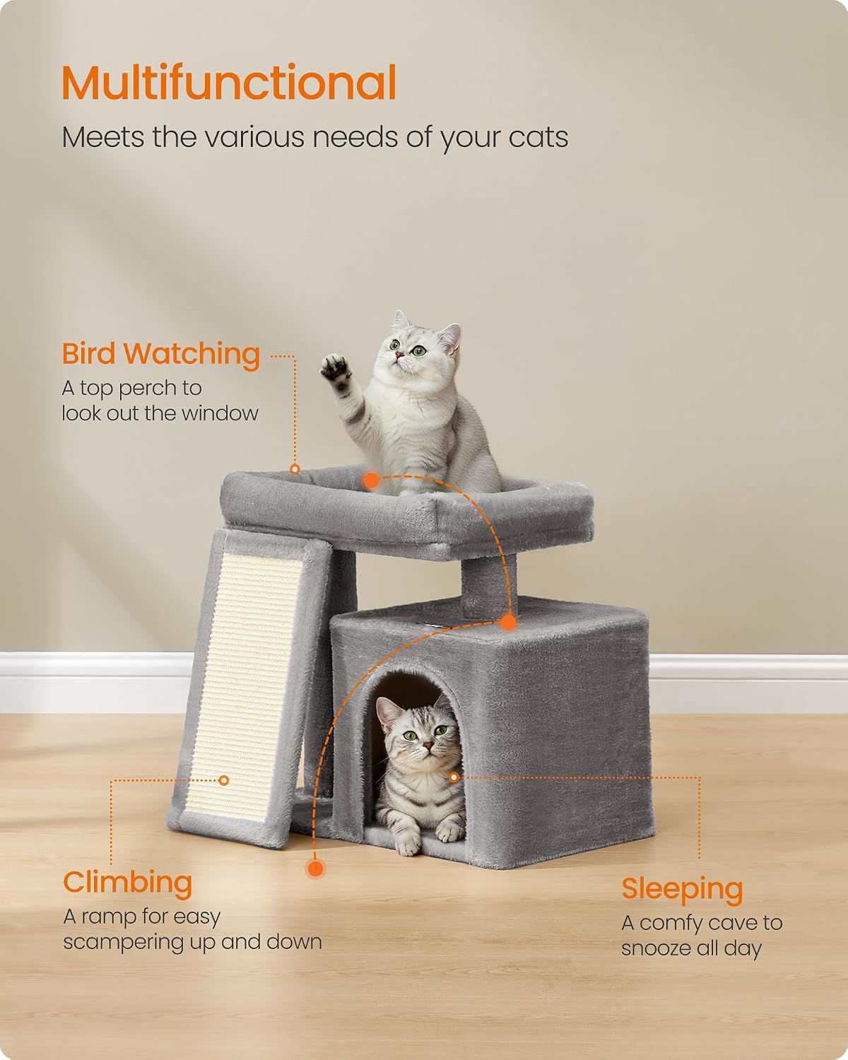 Feandrea Cat Tree, 18.3-in Small Cat Tower, Cute Kittens Condo, Dove Gray