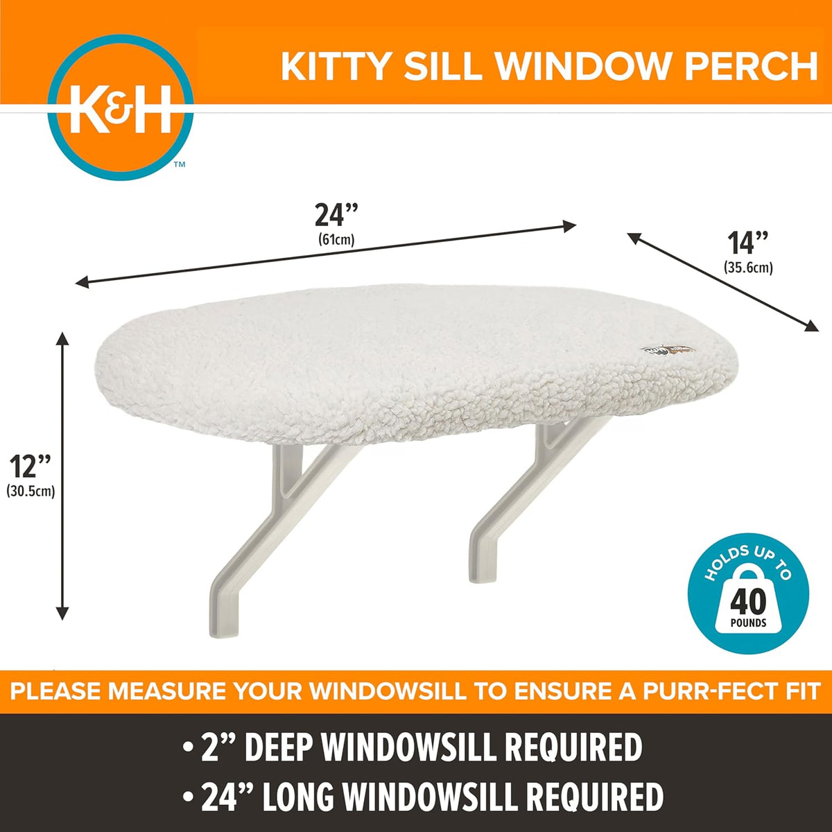 K&H Cat Window Perch, Unheated Kitty Sill, 24x14in, Fleece