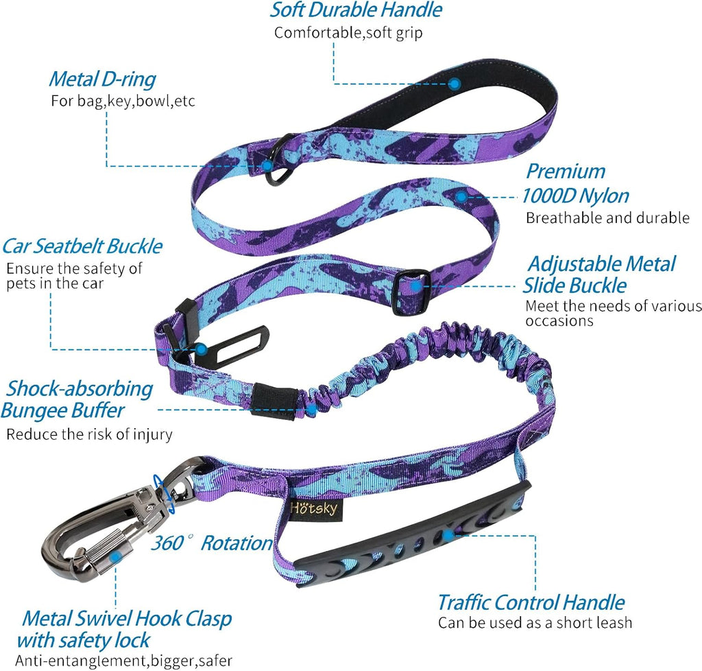 Tactical Bungee Shock Absorbing No Pull Dog Leash,Purple Camo,4-6FT