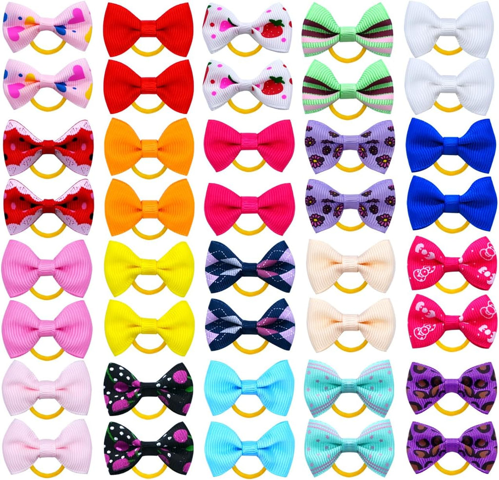 Dog Bows for Ears Small Size Dog Bowknot 2inch Hair Ties Bulk with Rubber Bands Dog Ear Bow Pet Accessories Grooming Pro