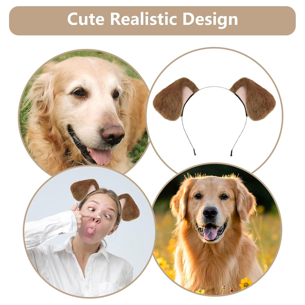 Beviliu Dog Ears Golden Movable, Realistic Animals Ears Headband Brown, Fluffy Cat Bunny Bear Costume Halloween Christma