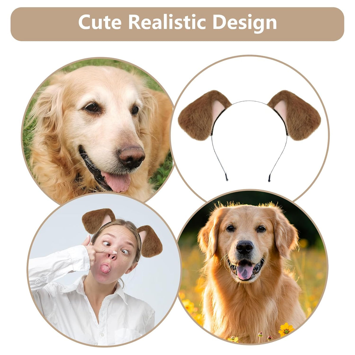 Beviliu Dog Ears Golden Movable, Realistic Animals Ears Headband Brown, Fluffy Cat Bunny Bear Costume Halloween Christma