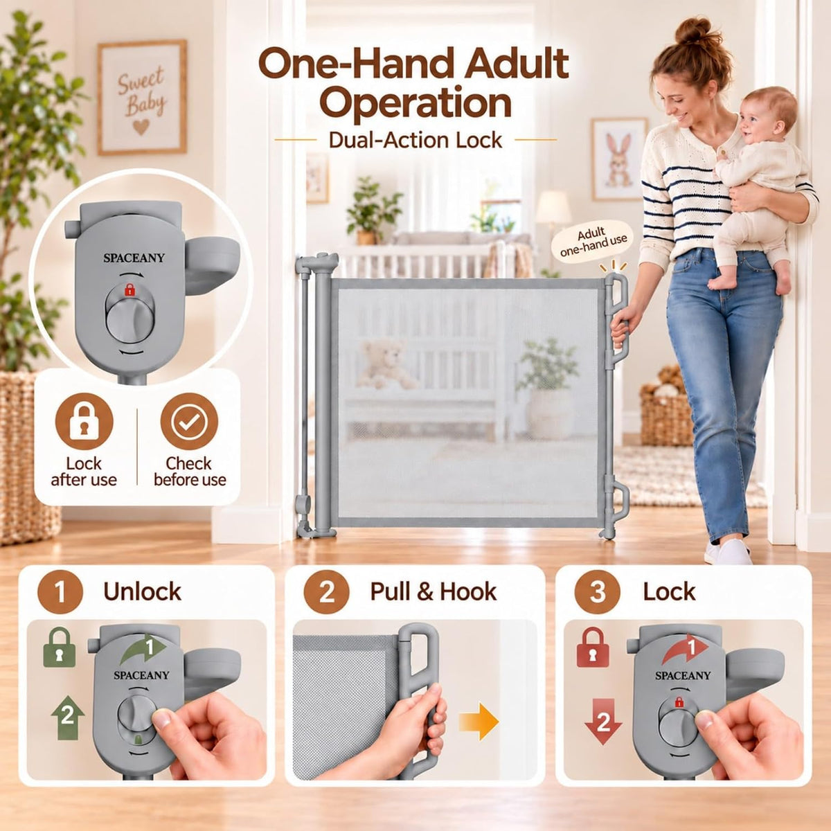Retractable Baby Gate, 45" Wide Mesh Gate, Gray