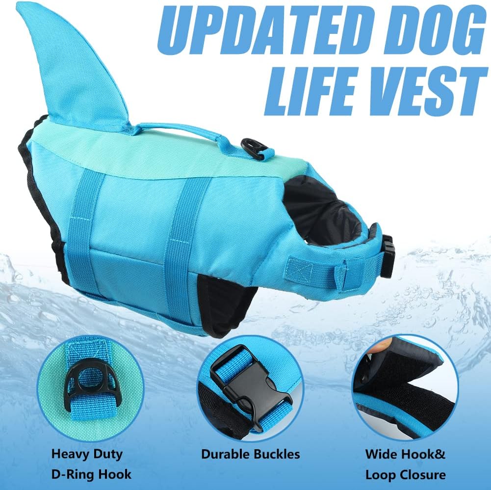 EMUST Shark Dog Life Jackets for Water Safety - Adjustable Ripstop Pet Life Vest with Rescue Handle for Swimming Pool, B