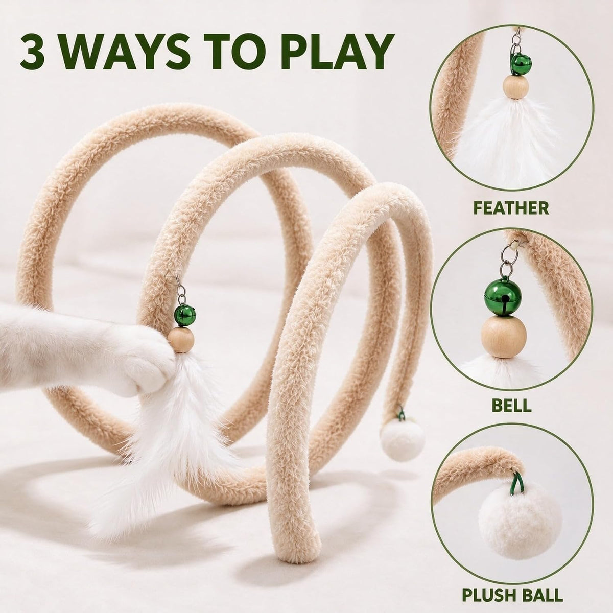 Cat Spiral Tunnel Toy, Plush Spring Coil with Feather Teaser, Bendable