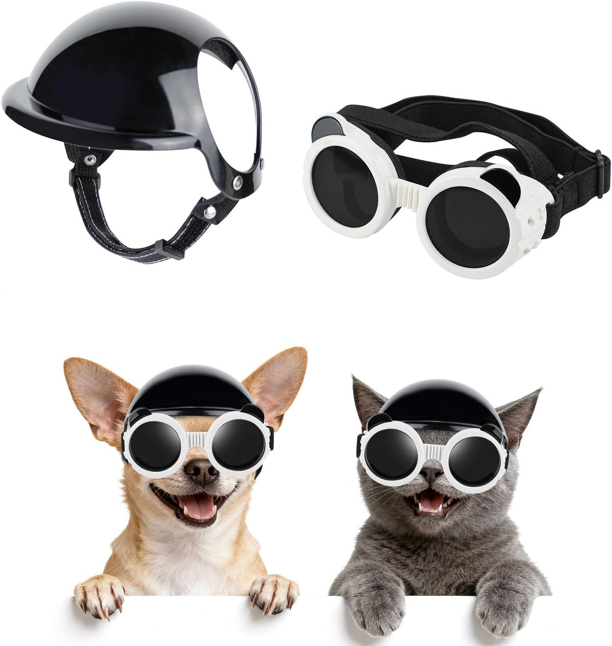 Dog Helmet and Goggles for Small Dogs - Pet Goggles Pet Motorcycle Helmet Hat with Ear Holes Adjustable Straps Safety He