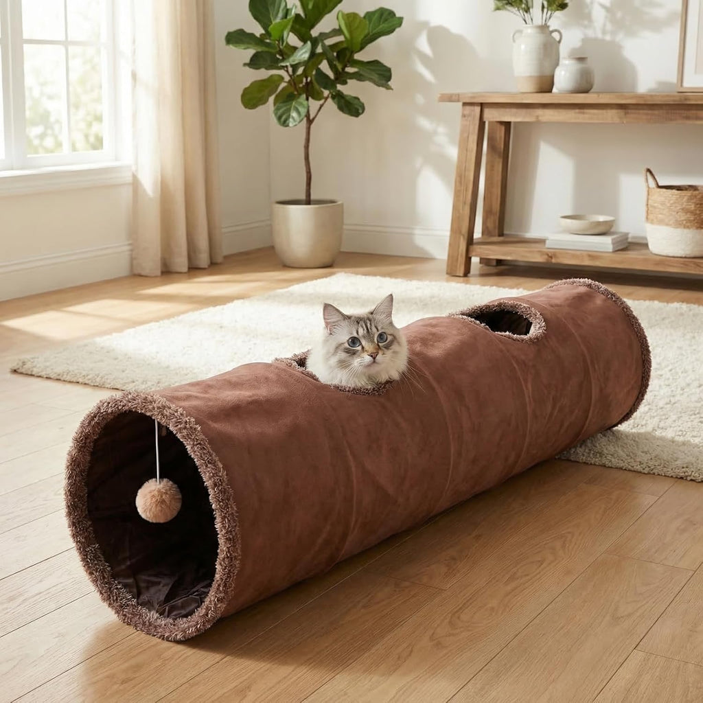 51"x 12" Collasiple Cat Play Tunnel, Cats Tubes and Tunnels, Cat Foldable Hide and Seek Tunnel Toy, Brown Suede Pet Tube
