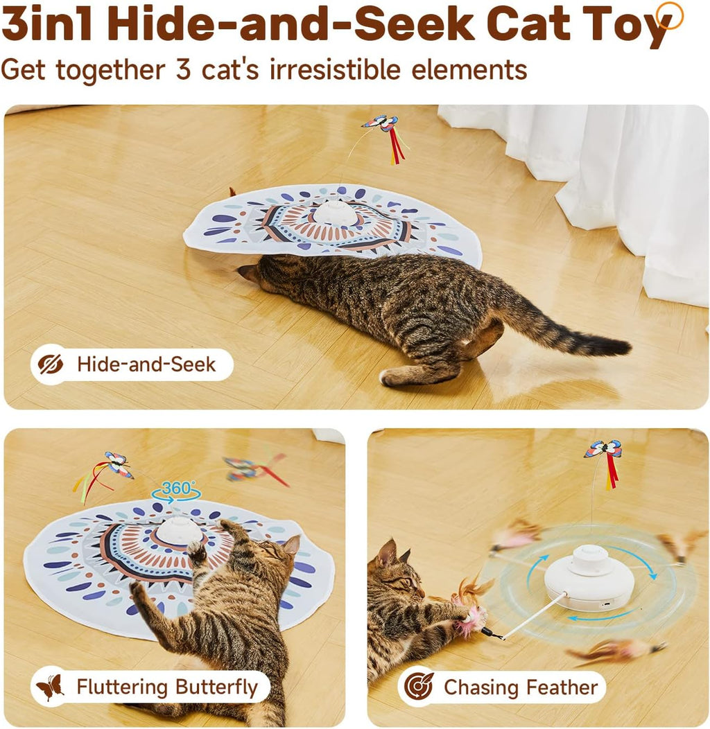 Potaroma Cat Toys Chargeable, 3in1 Hide and Seek for Kittens, Interactive Automatic Play, Fluttering Butterfly, Moving W
