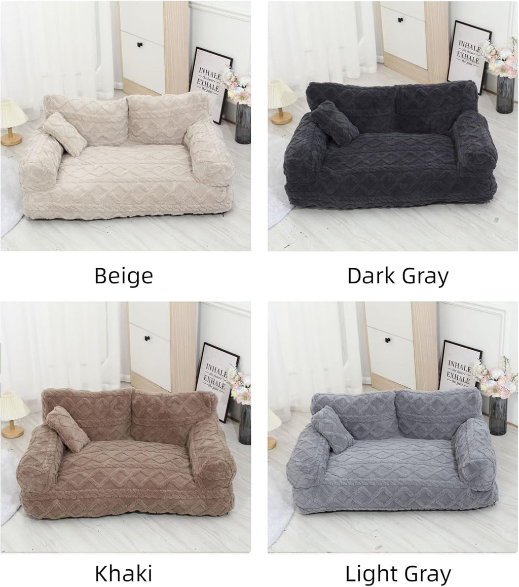 Pet Sofa Dog Cat Plush Calming Pet Sofa Bed for Indoor (Khaki, Small)